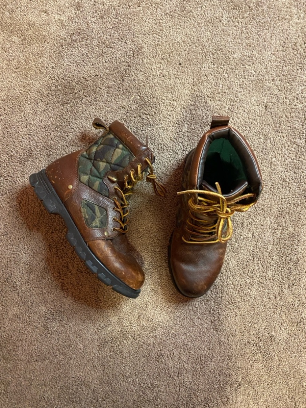 Polo Ralph Lauren Dennison Brown Leather Camo Fabric Boots 10.5D
